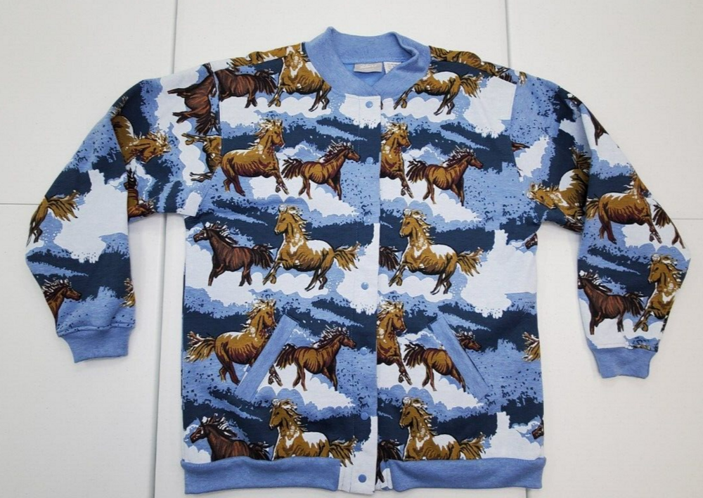 VINTAGE BLAIR MAJESTIC HORSES PRINT WOMEN L SNAP UP BUTTONS SWEATSHIRT/JACKET